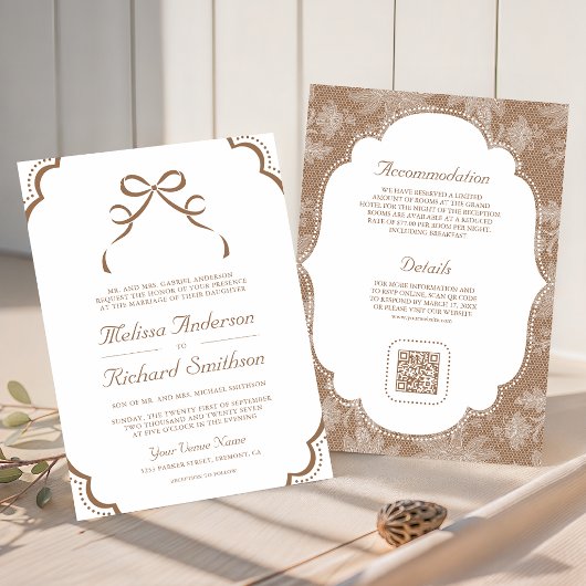 Invitation Mariage Code QR Ruban Coquette Dentelle Blanche Be