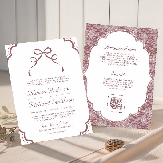 Invitation Mariage Code QR Ruban Coquette Dentelle Blanche Ro