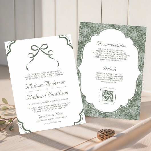 Invitation Mariage Code QR Ruban Coquette Dentelle Blanche Ve