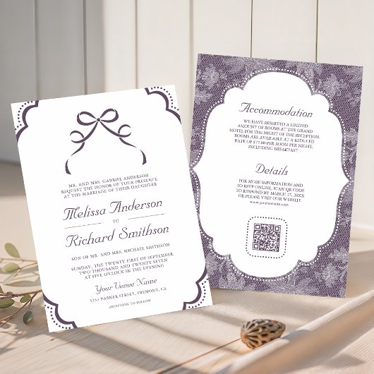 Invitation Mariage Code QR Ruban Coquette Dentelle Blanche Vi