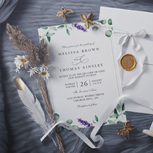 Invitation Mariage code QR rustique avec verdure et lavande v