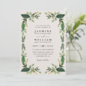 Invitation Mariage Code QR Rustique Feuilles Toujours Vertes  (Debout devant)