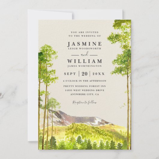 Invitation Mariage Code QR Rustique Forêt Arbres Montagne (Devant)