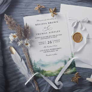 Invitation Mariage Code QR Rustique Forêt d'Arbres de Montagn