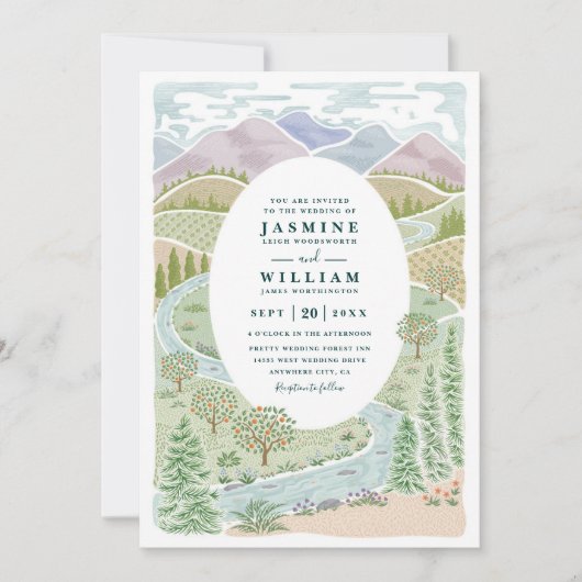 Invitation Mariage Code QR Rustique Forêt Rivière Montagne Ar (Devant)