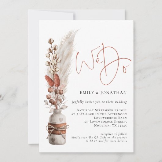 Invitation Mariage Code QR Rustique Herbes des Pampas (Devant)