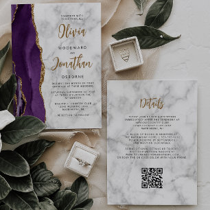 Invitation Mariage Code QR Script Ardoise Marbre Or Violet