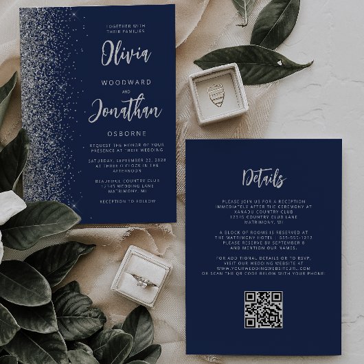 Invitation Mariage Code QR Script Pailleté Bleu Marine Argent