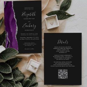 Invitation Mariage Code QR Sombre Agate Argent Violet Moderne