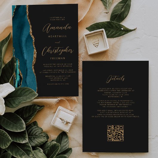 Invitation Mariage Code QR Sombre Agate Or Bleu Turquoise
