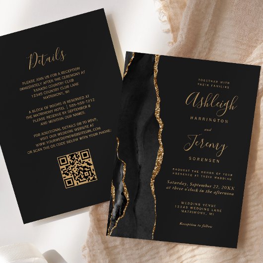 Invitation Mariage Code QR Sombre Agate Or Noir Moderne