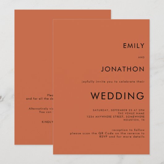 Invitation Mariage Code QR Terracotta Typographie Simple (Devant / Derrière)