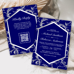 Invitation Mariage Code QR Tourbillon Argent Bleu Royal