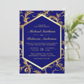 Invitation Mariage Code QR Tourbillon Doré Bleu Royal (Debout devant)