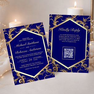 Invitation Mariage Code QR Tourbillon Doré Bleu Royal