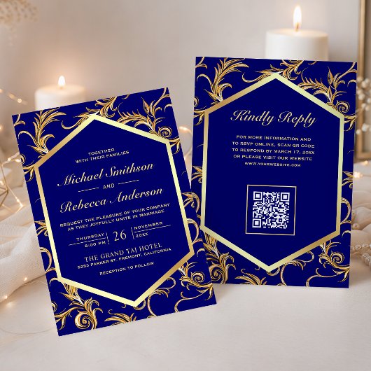 Invitation Mariage Code QR Tourbillon Doré Bleu Royal