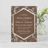 Invitation Mariage Code QR Tourbillon Élégant Argent Marron (Debout devant)