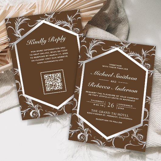 Invitation Mariage Code QR Tourbillon Élégant Argent Marron