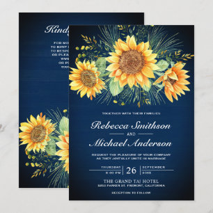 Invitation Mariage Code QR Tournesols Bois Bleu Marine