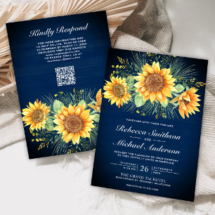 Invitation Mariage Code QR Tournesols Bois Bleu Marine