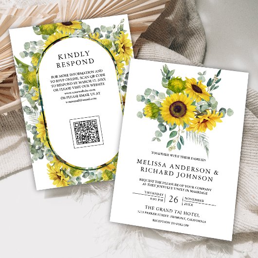 Invitation Mariage Code QR Tournesols Eucalyptus