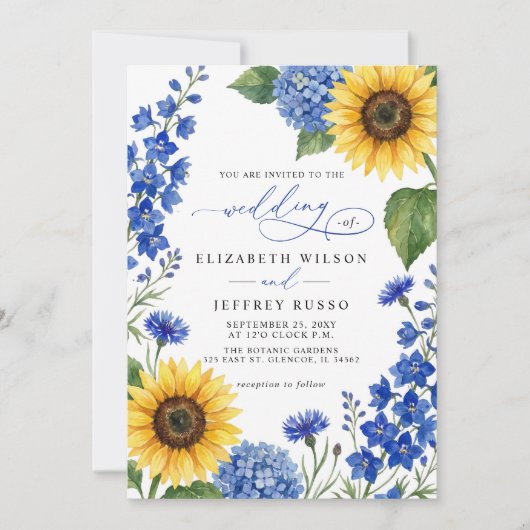 Invitation Mariage Code QR Tournesols Fleuris Bleu Royal (Devant)