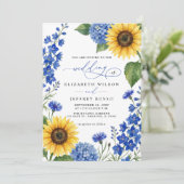 Invitation Mariage Code QR Tournesols Fleuris Bleu Royal (Debout devant)