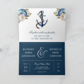 Invitation Mariage code QR tout-en-un à l'ancre florale bleu  (Intérieur)