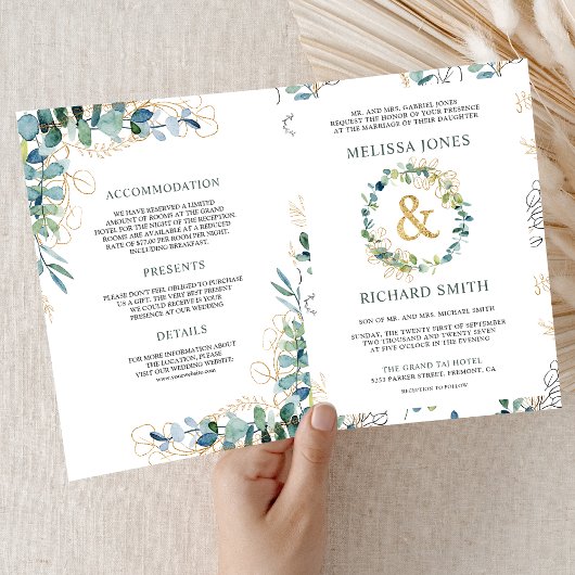 Invitation Mariage Code QR Tout en Un Eucalyptus Or Rustique