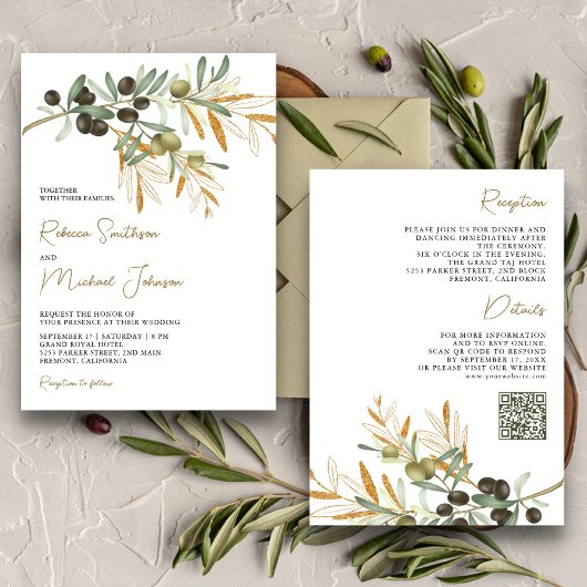 Invitation Mariage Code QR Tout en Un Feuilles d'Olivier Rust