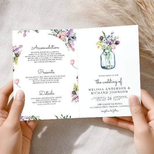 Invitation Mariage Code QR Tout en Un Pot Mason Fleur Sauvage