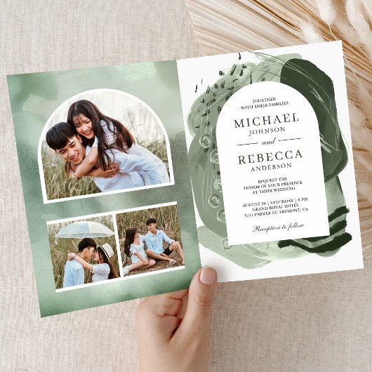 Invitation Mariage Code QR Traits de Pinceau Vert Sage Boho