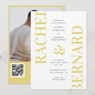 Invitation Mariage Code QR Typographie Jaune & Vert Élégant