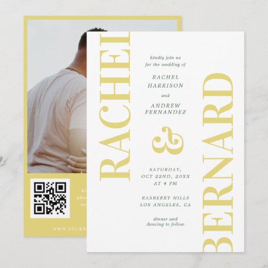 Invitation Mariage Code QR Typographie Jaune & Vert Élégant (Devant / Derrière)