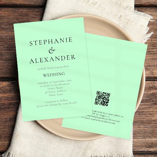 Invitation Mariage Code QR Vert Menthe Texte Moderne
