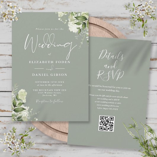 Invitation Mariage Code QR Vert Sage Floral Végétal