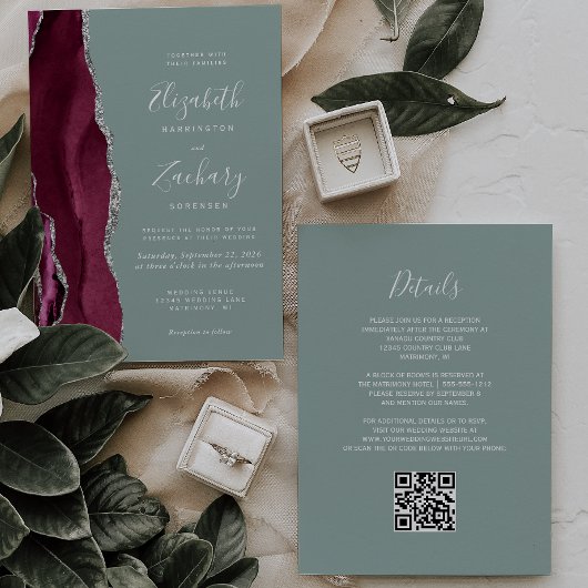 Invitation Mariage Code QR Vert Sauge Agate Argent Bourgogne