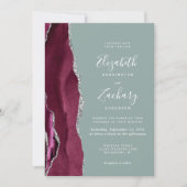 Invitation Mariage Code QR Vert Sauge Agate Argent Bourgogne (Devant)