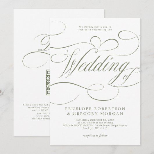 Invitation Mariage code QR vert sauge calligraphie moderne (Devant / Derrière)