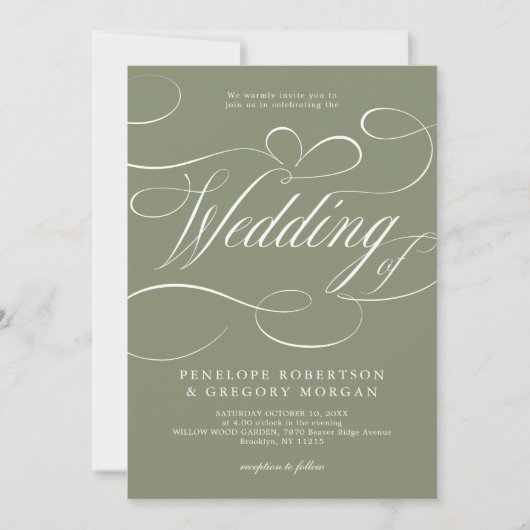 Invitation Mariage code QR vert sauge calligraphie moderne (Devant)
