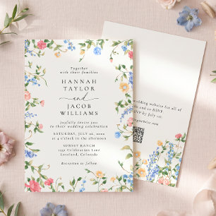 Invitation Mariage Code QR Vintage Fleur Sauvage Pâtes Douces