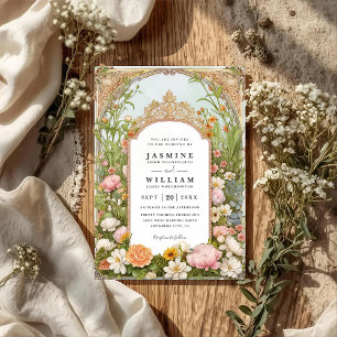 Invitation Mariage code QR vintage fleur sauvage printanière 