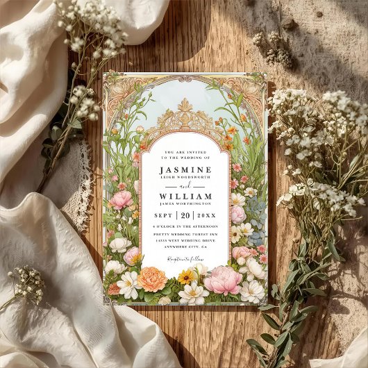 Invitation Mariage code QR vintage fleur sauvage printanière