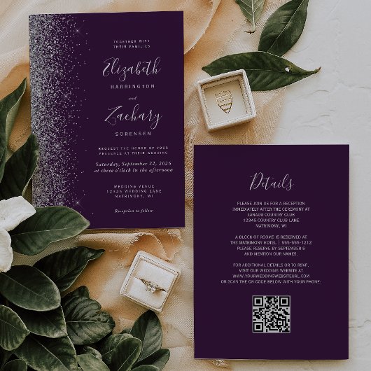 Invitation Mariage Code QR Violet Foncé Paillettes Argentées