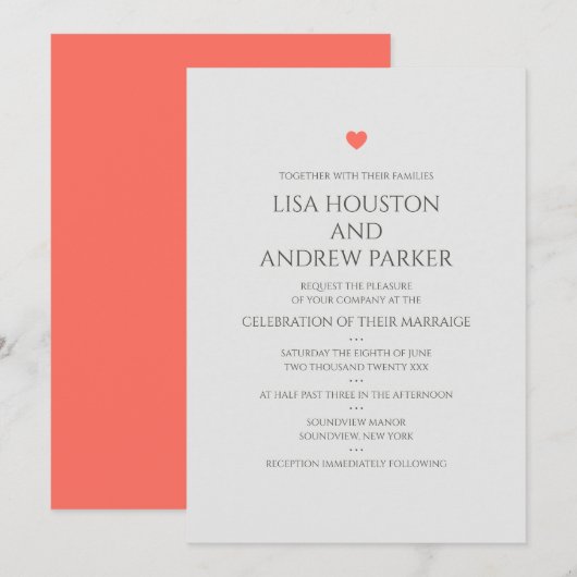 Invitation Mariage Cœur de Corail (Devant / Derrière)