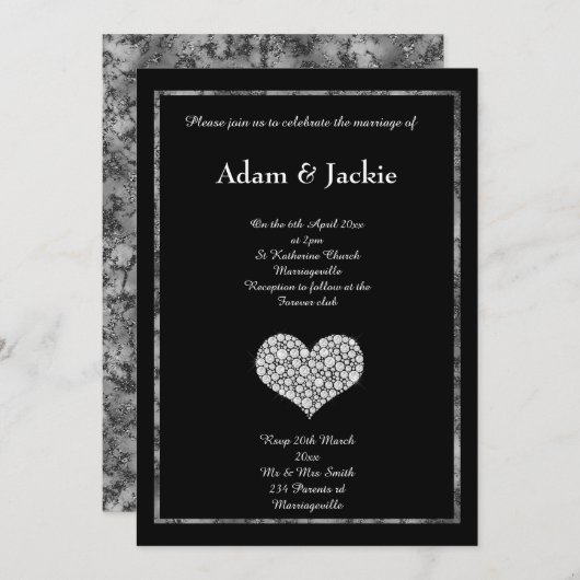 INVITATION MARIAGE COEUR EN MARBRE BLANC NOIR (Devant / Derrière)