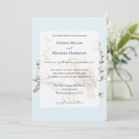 Invitation Mariage Coeur Oiseaux de l'Amour Crème Blanc Roman (Debout devant)