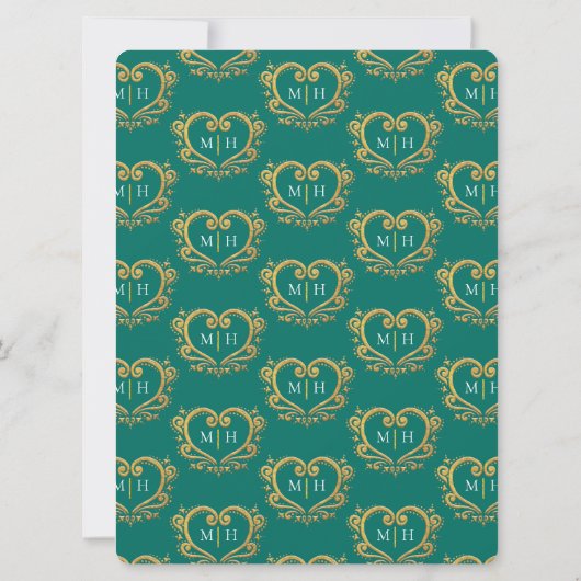 Invitation Mariage coeur or vert émeraude foncé et blanc (Dos)