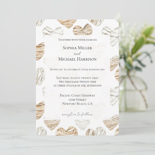 Invitation Mariage coeurs blanc crème romantique (Debout devant)