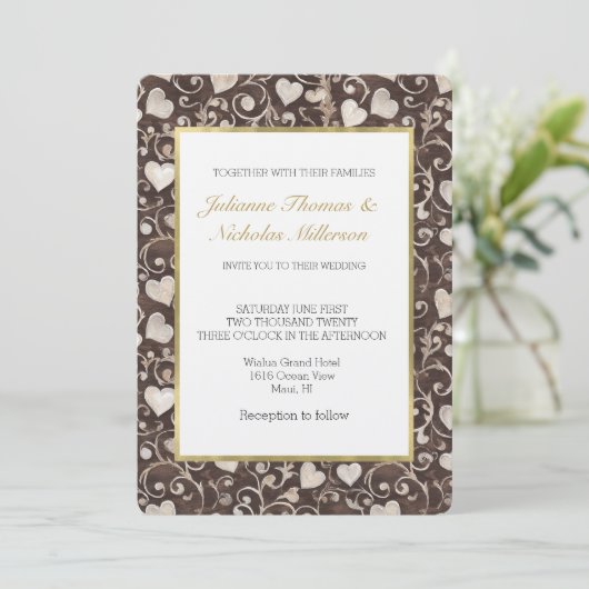 Invitation Mariage Cœurs Crème Marron Romantique (Debout devant)